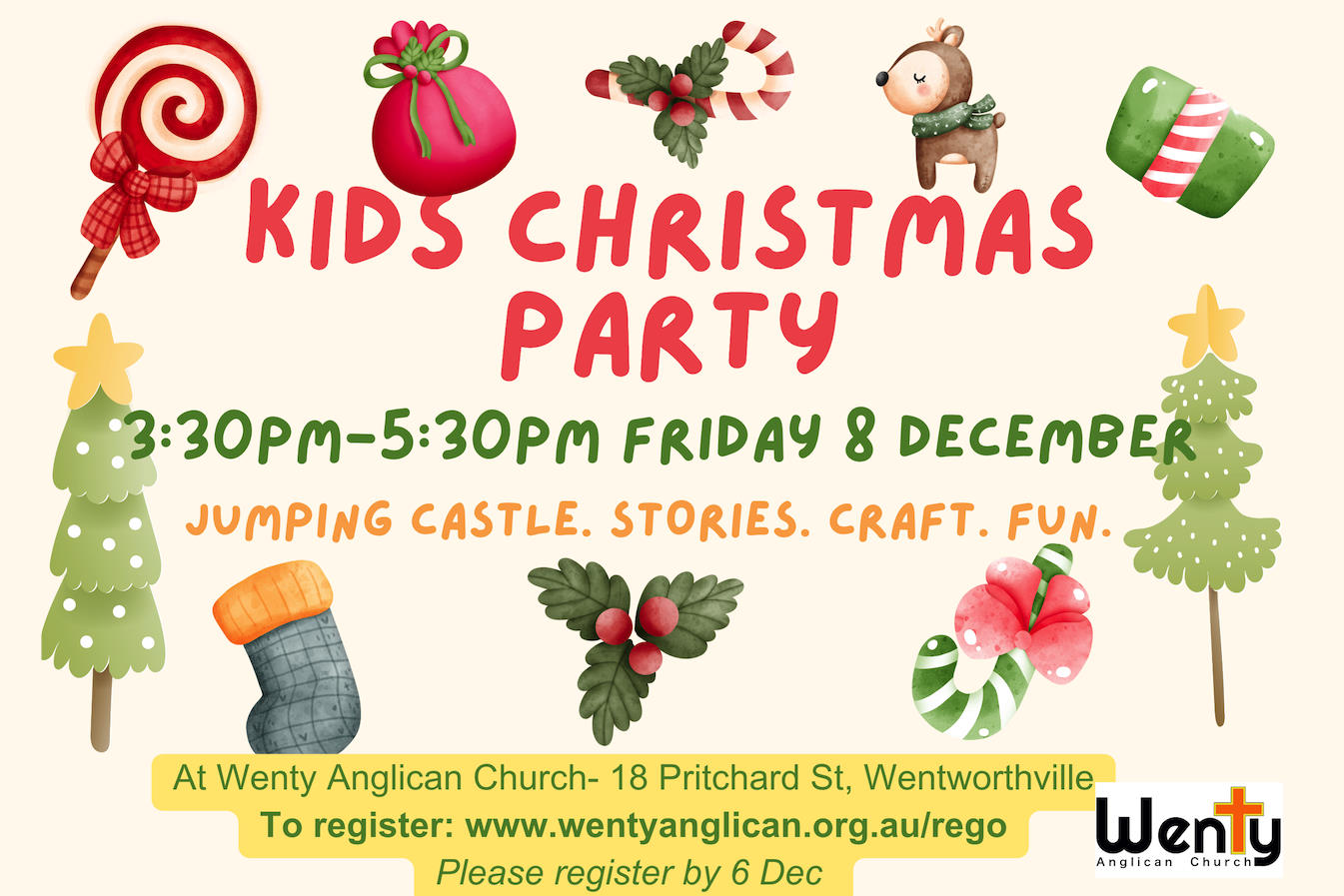Kids Christmas Party. 3:30pm-5:30pm, Friday 8th December. Jumping Castle. Stories. Craft. Fun.