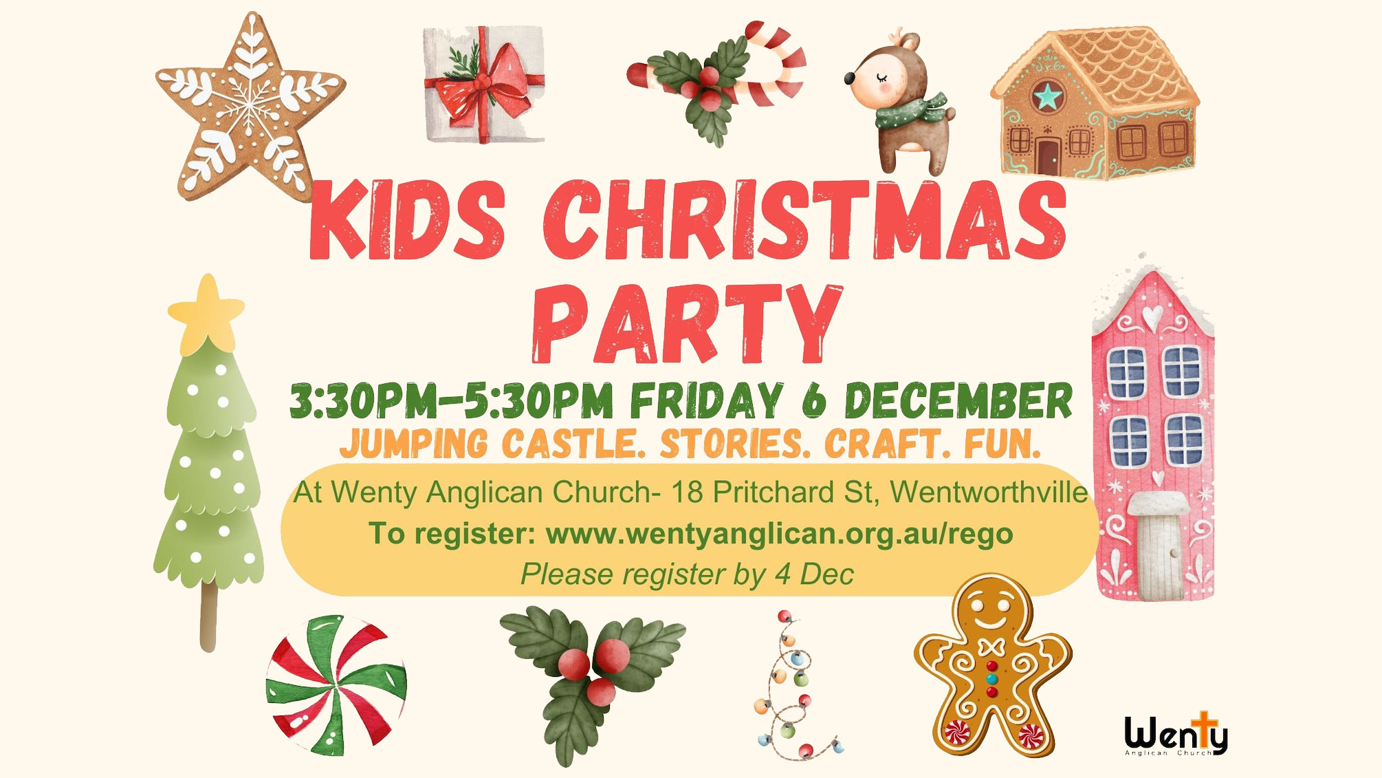 Kids Christmas Party. 3:30pm-5:30pm, Friday 6th December. Jumping Castle. Stories. Craft. Fun.